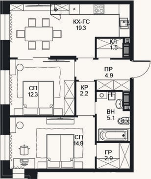 Планировка: 2-к, 63,1 м²