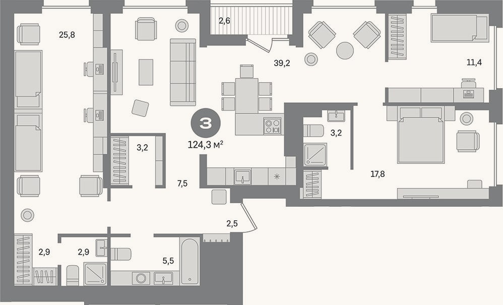 Планировка: 3-к, 121,7 м²