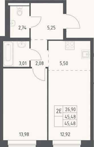 Планировка: 2-к, 45,5 м²