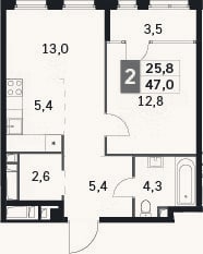 Планировка: 2-к, 43,5 м²