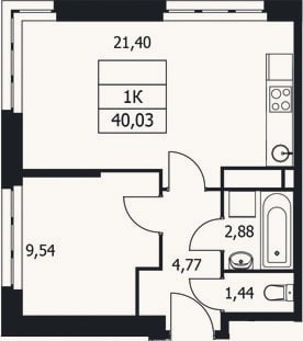 Планировка: 1-к, 40 м²