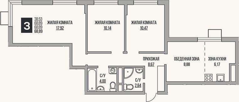 Планировка: 3-к, 68,9 м²