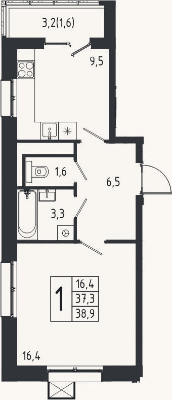 Планировка: 1-к, 37,3 м²