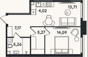 Планировка: 2-к, 49,5 м²
