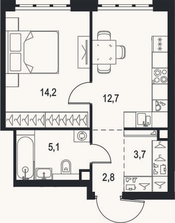 Планировка: 1-к, 38,5 м²