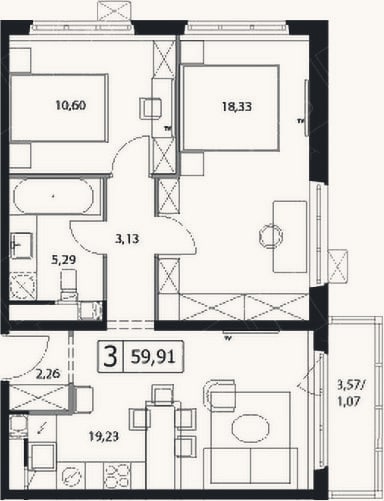 Планировка: 3-к, 58,8 м²