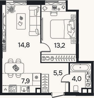 Планировка: 2-к, 45,3 м²