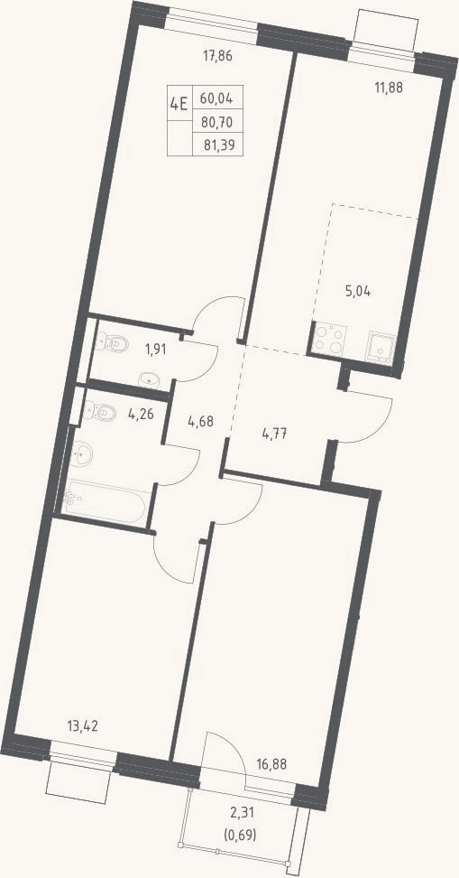 Планировка: 4+ к, 80,7 м²