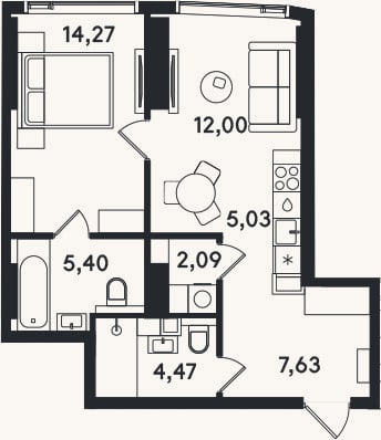 Планировка: 2-к, 50,9 м²