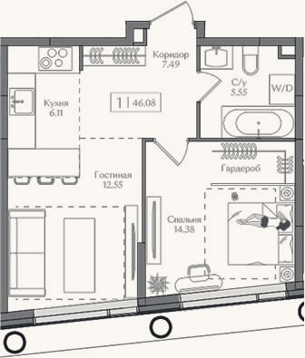 Планировка: 2-к, 46,1 м²