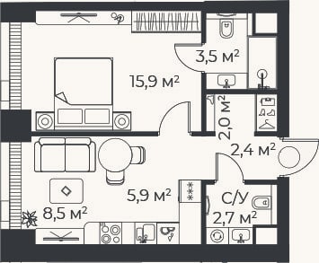 Планировка: 2-к, 40,9 м²