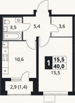 Планировка: 1-к, 38,6 м²