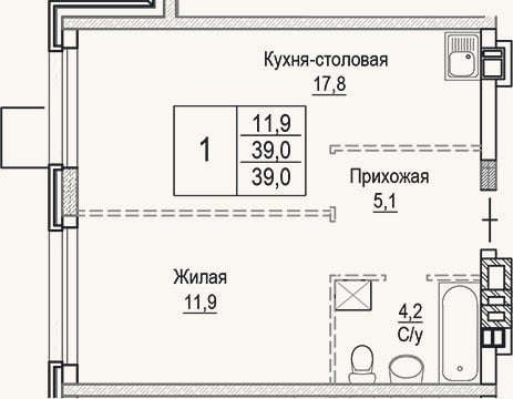 Планировка: 2-к, 39 м²