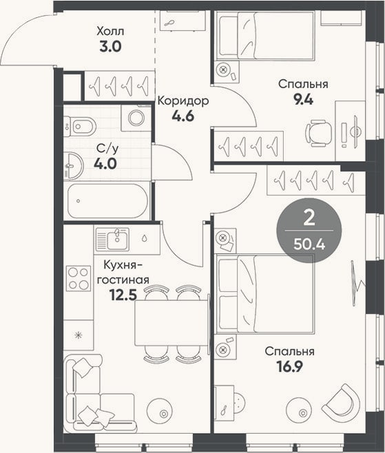 Планировка: 2-к, 50,4 м²
