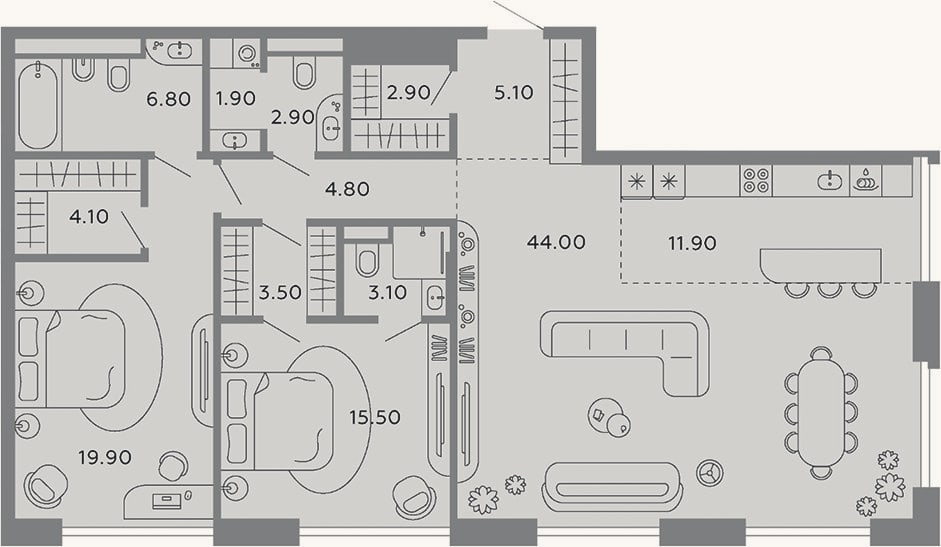 Планировка: 3-к, 126,4 м²