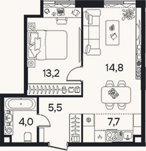 Планировка: 2-к, 45,2 м²