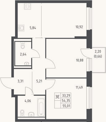 Планировка: 3-к, 54,4 м²