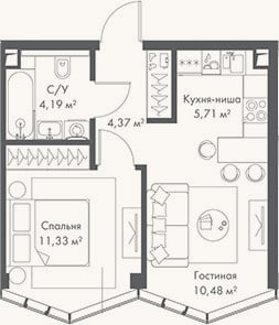 Планировка: 2-к, 36,1 м²
