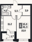 Планировка: 1-к, 39,6 м²