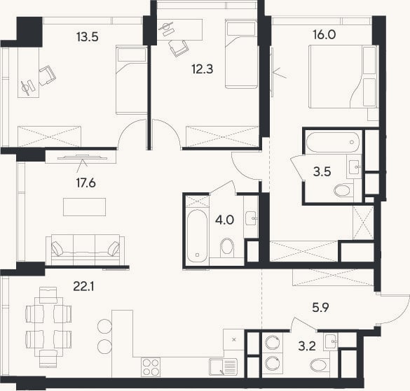 Планировка: 4+ к, 98,1 м²