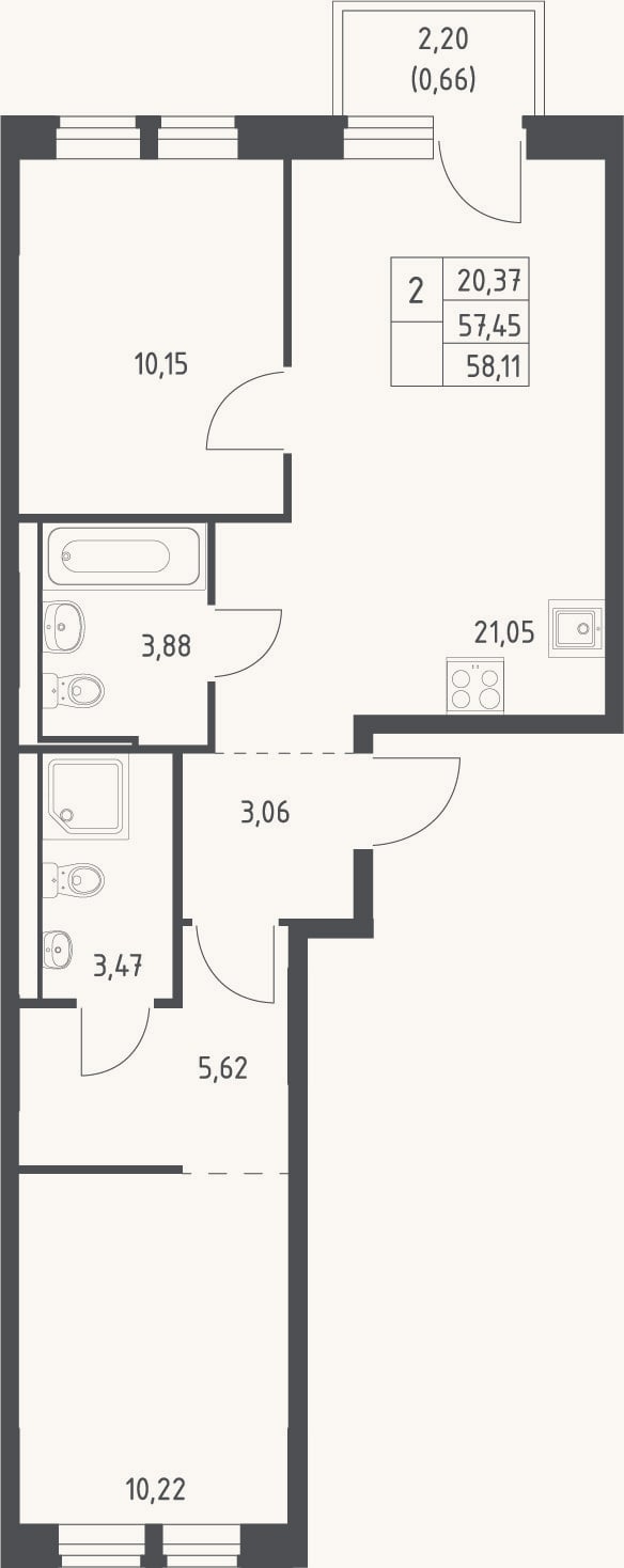 Планировка: 3-к, 57,5 м²