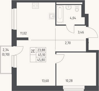 Планировка: 2-к, 45,1 м²