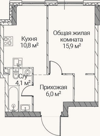 Планировка: 1-к, 36,8 м²