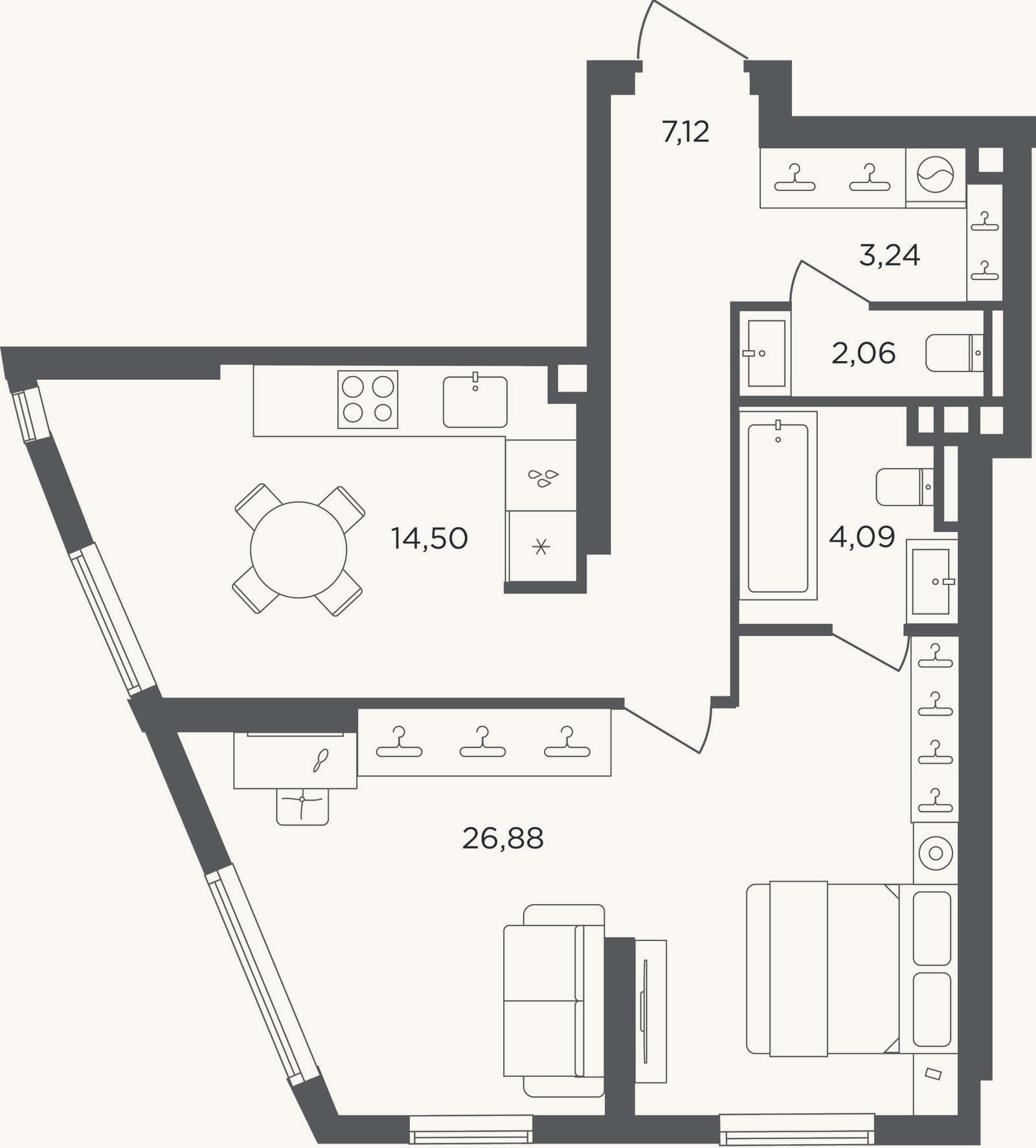 Планировка: 1-к, 57,9 м²