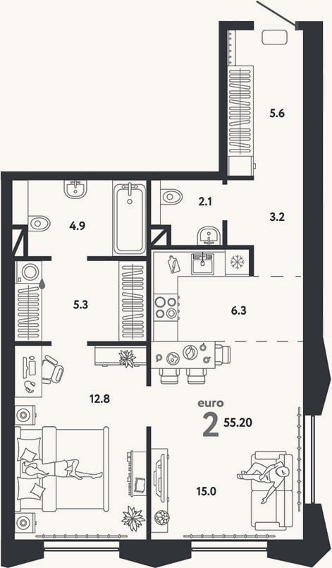 Планировка: 2-к, 55,2 м²