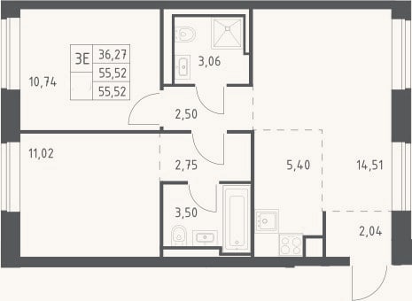 Планировка: 3-к, 55,5 м²