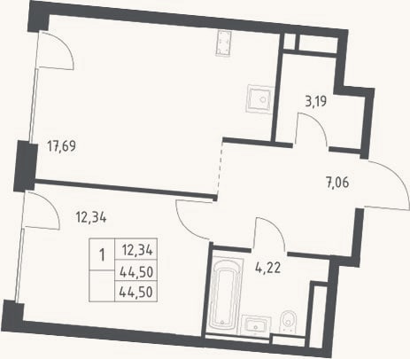 Планировка: 2-к, 44,5 м²