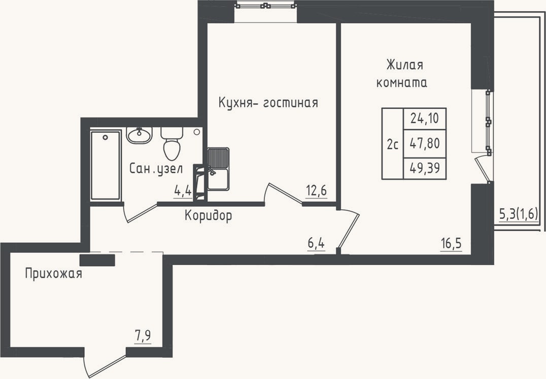 Планировка: 1-к, 47,8 м²