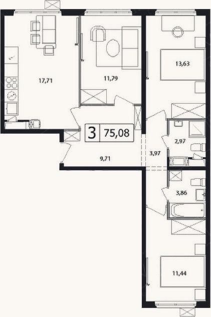 Планировка: 4+ к, 75,1 м²