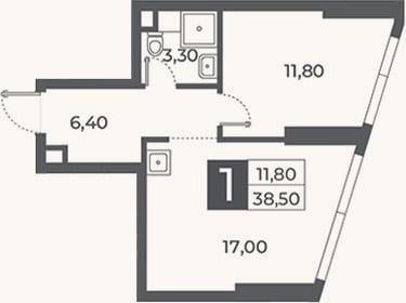 Планировка: 1-к, 38,5 м²