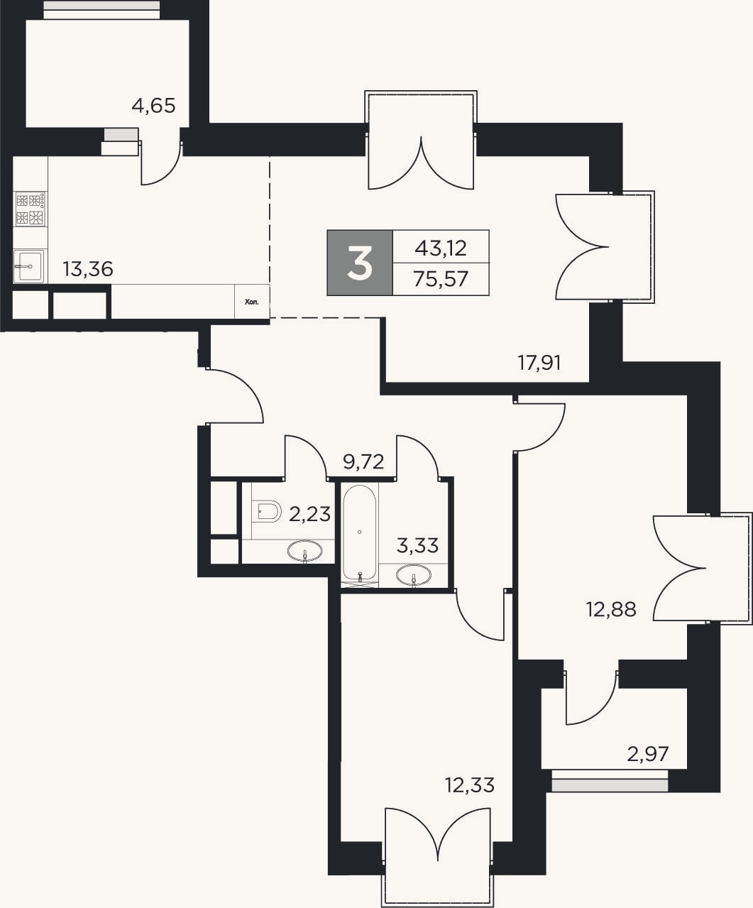 Планировка: 3-к, 71,8 м²