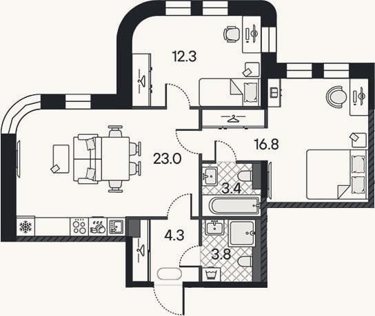 Планировка: 3-к, 63,6 м²