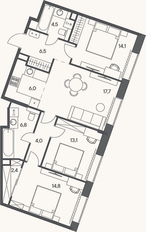 Планировка: 4+ к, 89,9 м²