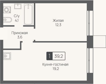 Планировка: 2-к, 39,2 м²