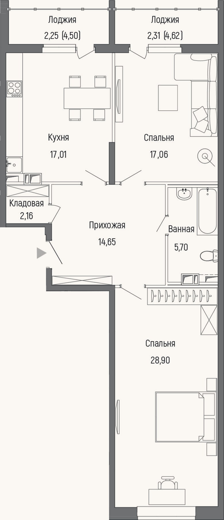 Планировка: 2-к, 81,9 м²