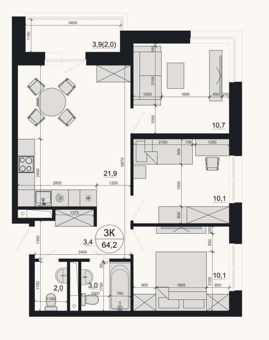Планировка: 3-к, 61,2 м²