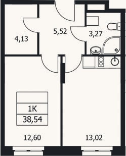 Планировка: 1-к, 38,5 м²