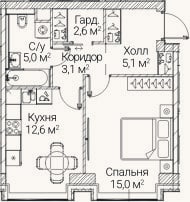 Планировка: 1-к, 43,4 м²