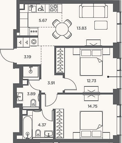 Планировка: 3-к, 62,3 м²