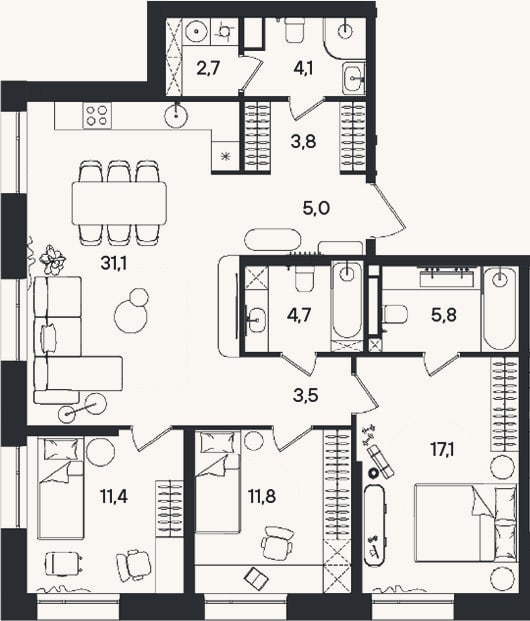 Планировка: 4+ к, 101 м²