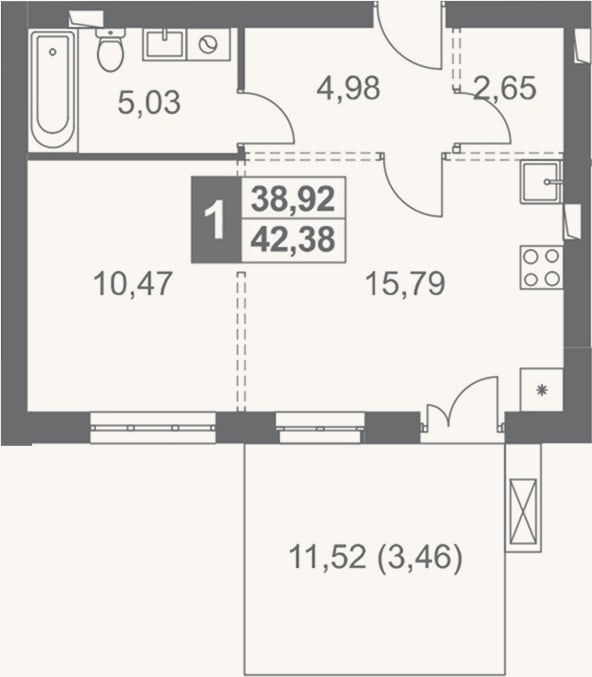 Планировка: 1-к, 38,9 м²