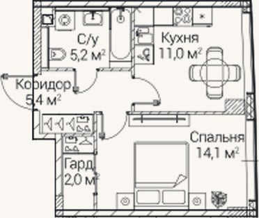 Планировка: 1-к, 37,1 м²