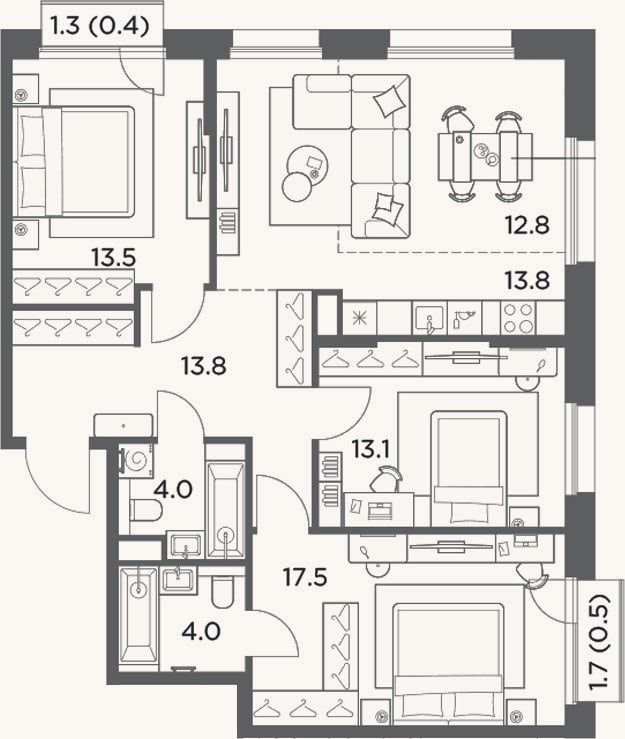Планировка: 4+ к, 92,5 м²