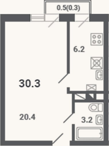 Планировка: 1-к, 29,8 м²