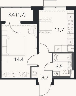 Планировка: 1-к, 33,3 м²