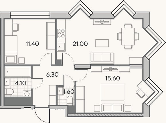 Планировка: 3-к, 60 м²